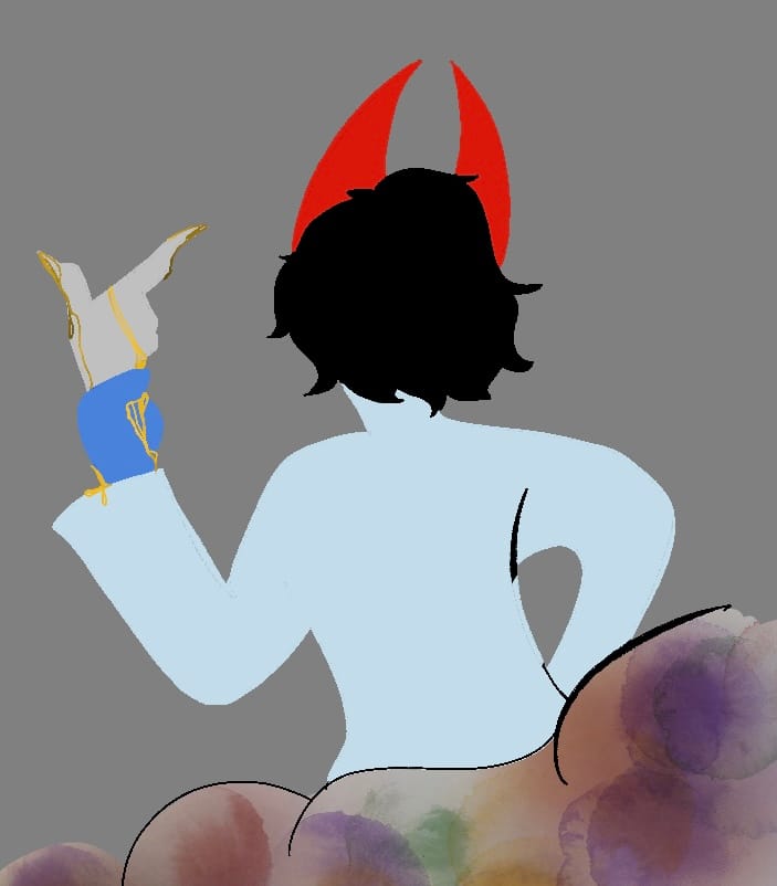 A troll facing a gray wall. A pile of rainbow blood and grey blobs towards the audience. He has red horns facing towards each other and short black hair. He wears a light blue lab coat. He’s holding a severed hand covered in gold blood which is pointing towards his horns.