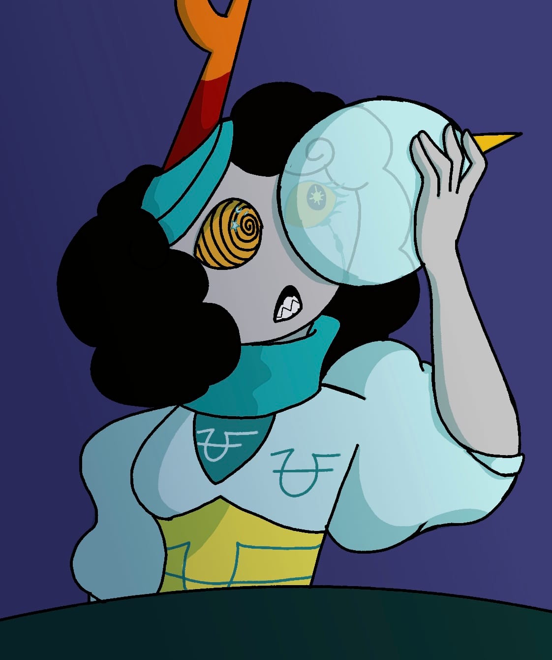 Ychiko Mantil, a grey skinned troll with candy corn horns. One jutting out from the side and the other standing straight up with a moon like fork. She has orange eyes with black swirls. Black curly hair. A teal bandana and matching scarf. A light teal jacket with puffy sleeves and a yellow corset over it. She is holding a crystal ball to her face, with a worried expression.