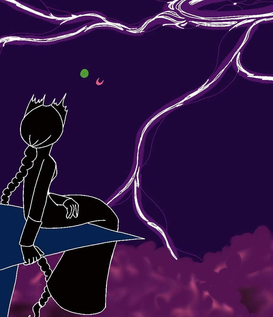 A silhouette of a a girl with broken horns as she stares into the distance. Violet electricity streaks the purple skies over teh pink-violet trees. A green and pink moon in the distance.